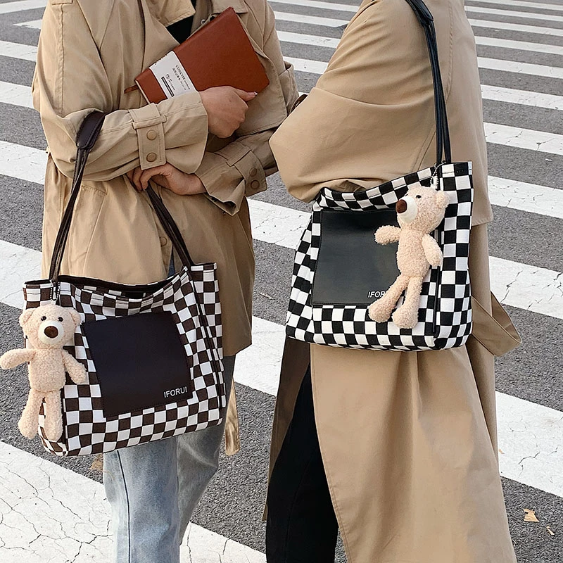 Hot Selling Plaid Handbags Lovely Bear Pendant Shoulder Bag PU Tote Bags For Woman Lady Girls Gift