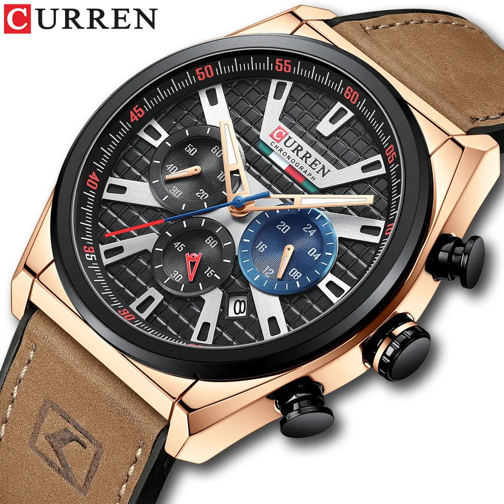 CURREN 8392 Men Casual Watch Date Chronograph 24 Hours Display Leather Strap Quartz Watch