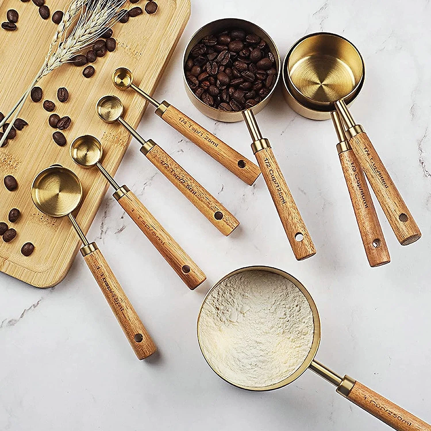8 Piece Stainless Steel Gold Measuring Cups and Spoons Set with Wood Handle