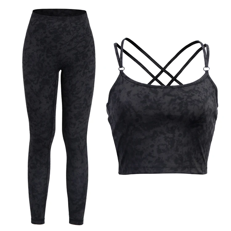 OEM Nylon Spandex cross back gym Black wear Animal Leopard Print sport Bra And pants Leggings yoga Set for women