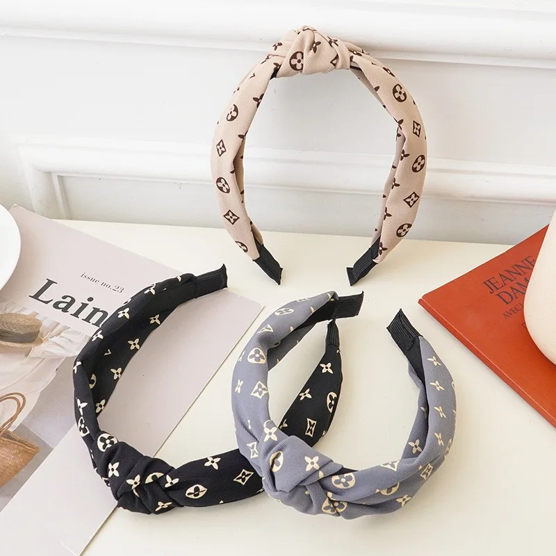 Fashion Luxury Vintage Design Print Logo Girls Hairbands Accessories Wide Twisted Bow Knot Headband For Women