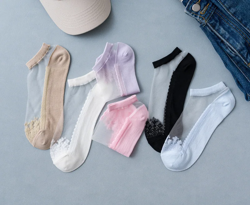 Summer short nylon lace socks for women nylon ankle socks girls sheer mesh decorated nylon lace socks set