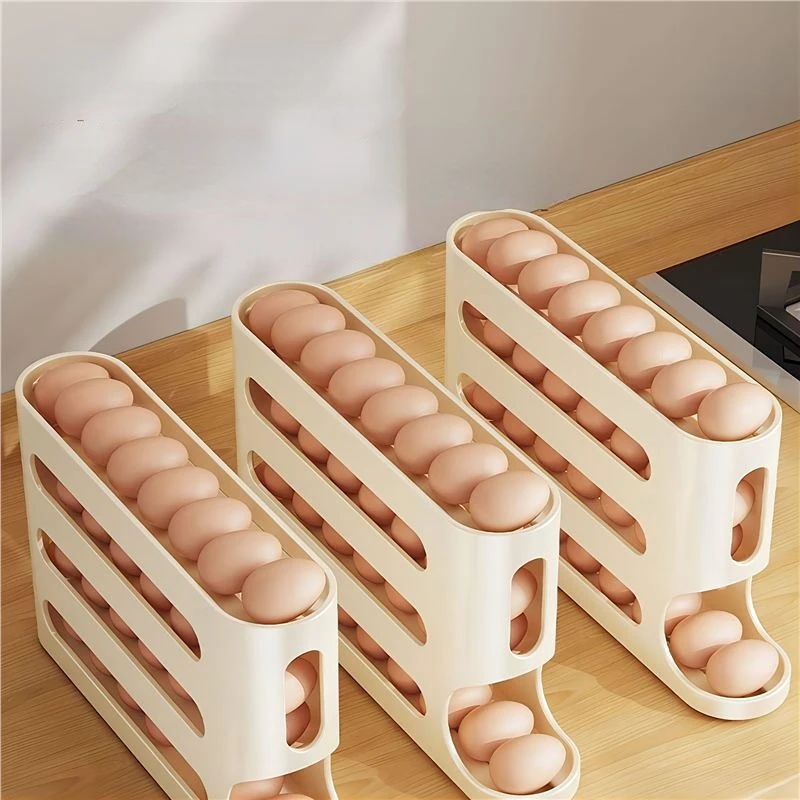 4 Tiers Automatic Refrigerator Egg Holder 30pcs Fresh Eggs Storage Container Box Large Capacity Rolling Egg Rack Dispenser