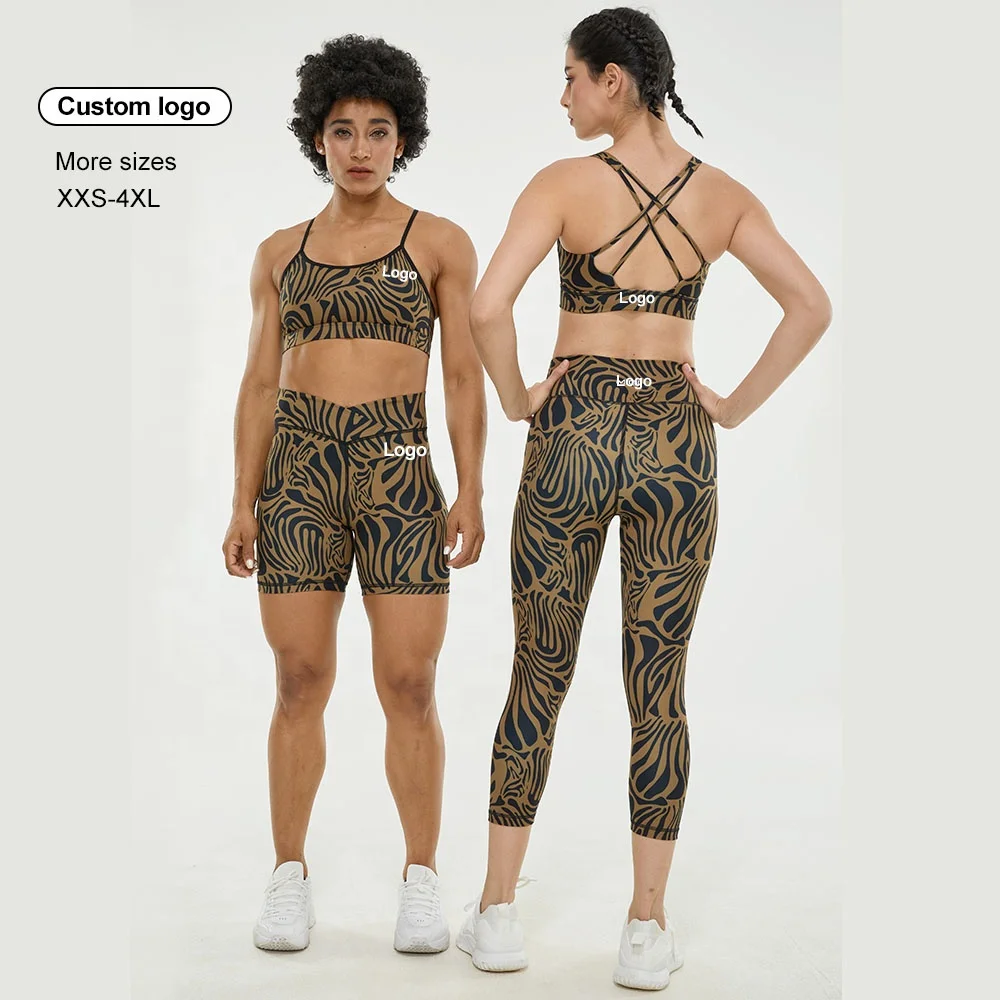 OEM XXS-4XL Brown Zebra Yoga Sets Women Gym Fitness Athletic Sports Wear Crossover High Waisted Yoga Sets