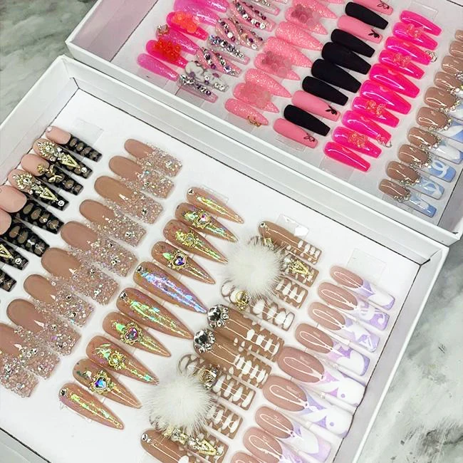 Wholesale Custom Press On Nails Ballerina Medium Coffin Heart Pearl French Tip Nails Manicure Acrylic Stick On Nails