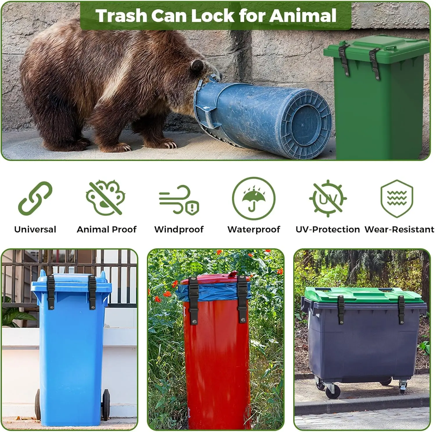 Trash Can Locks for Animals Garbage Can Locks for Animals with Adjustable Trash Can Straps and Plastic Buckle