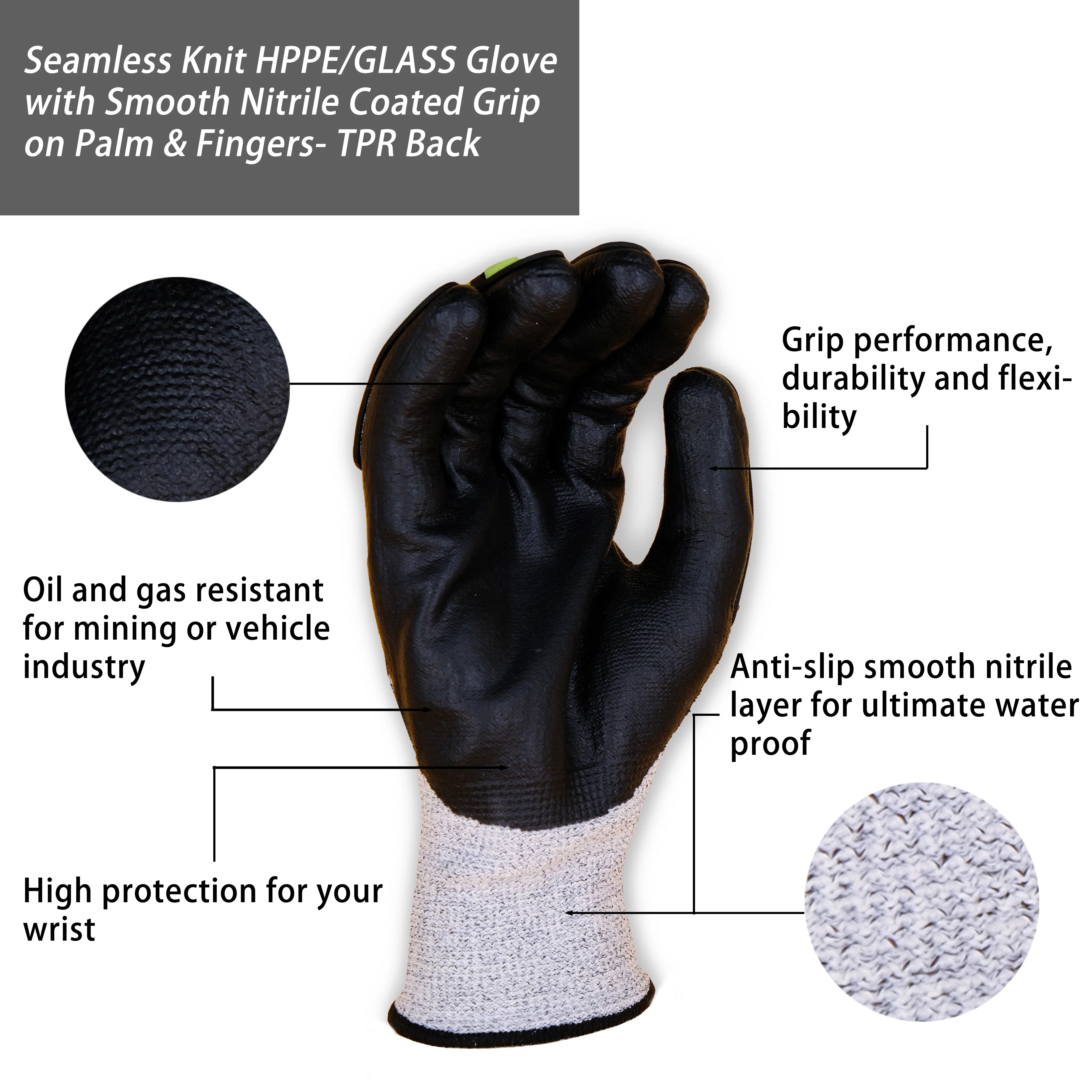 SKYEE Strong Nitrile Glassfabric En388 Level 5 Anti Cut Impact Resistant TPR Work Mechanic Construction Glove for Auto