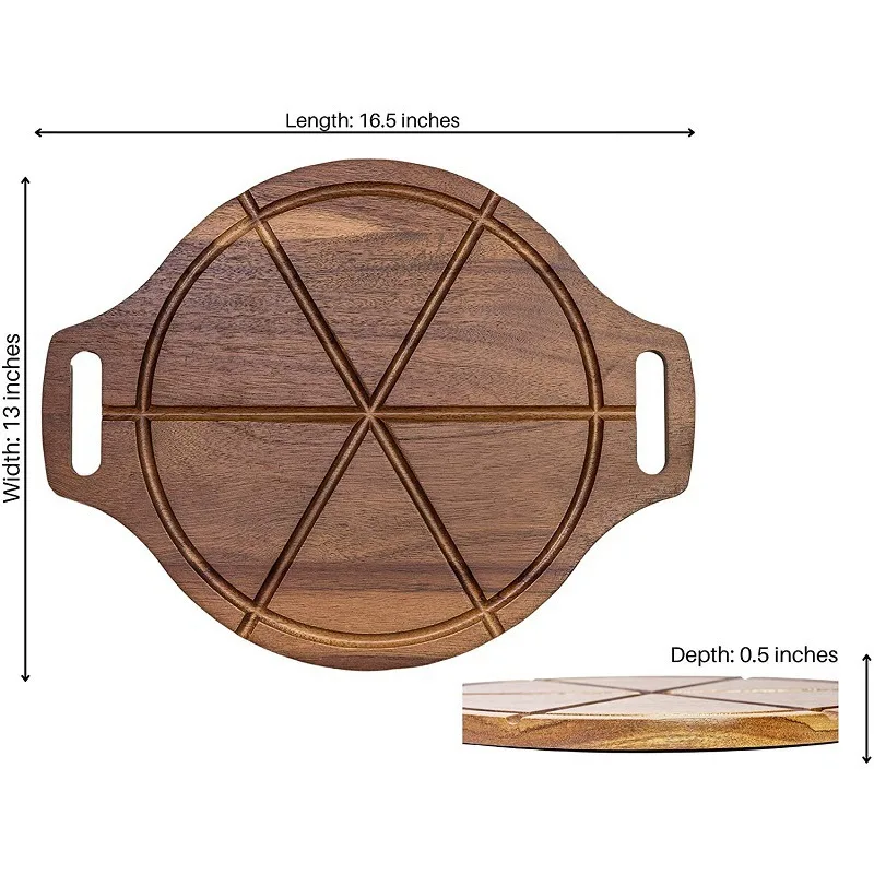 Custom Acacia Wood Pizza Peel Round Cutting Board Serving Platter Cheese Paddle Board Serving Pan for Pizza with Double Handles