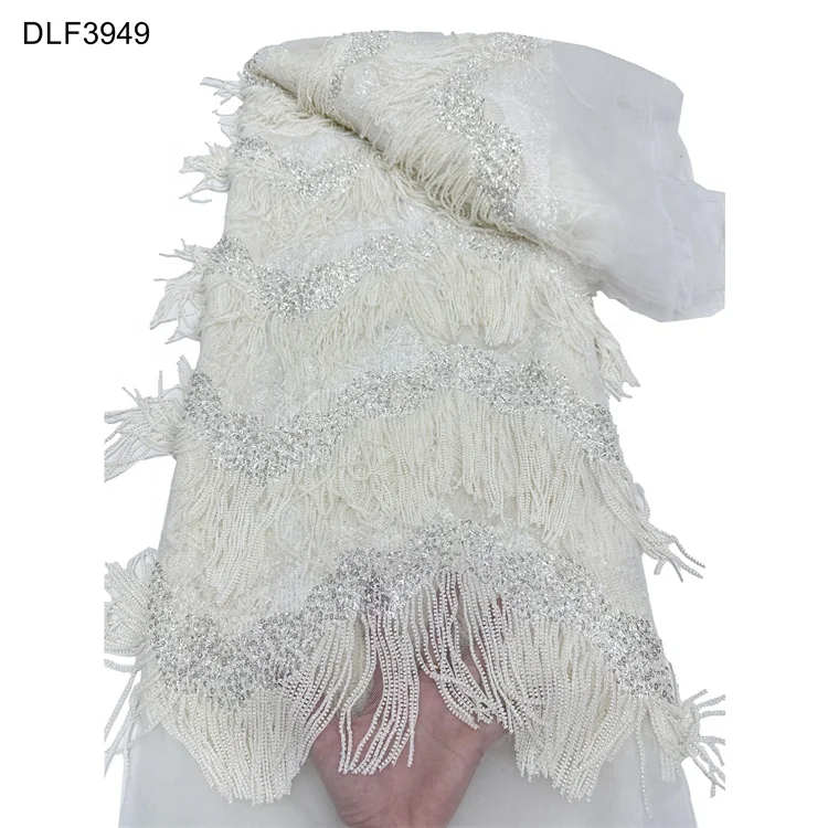 Wholesale High Quality Elegant Beaded Tube Lace Fabric for Wedding Party Dress Heavy Shiny Tassel Tube Bead Sequins Lace Fabric