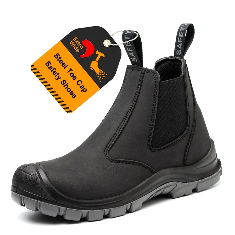 Black nubuck leather oil acid resistant non-slip prevent puncture steel toe mining men safety shoes without lace