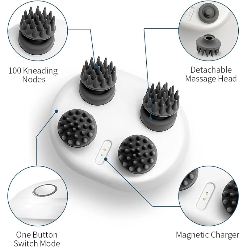 Portable Handheld Waterproof Electric Head Massager with 4 Kneading Heads and 100 Nodes Scalp Massager