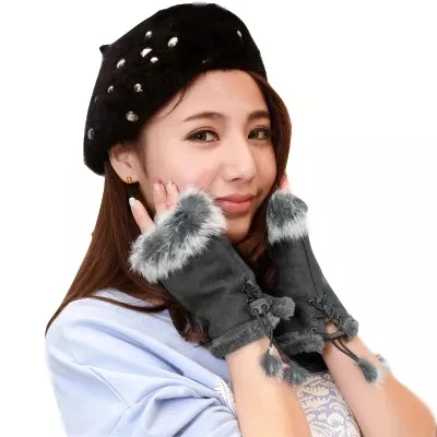 Wholesale Women Girls Winter Warm Cycling Gloves Fuax Rabbit Fur Half Finger Mitten Work Driving Fingerless Gloves
