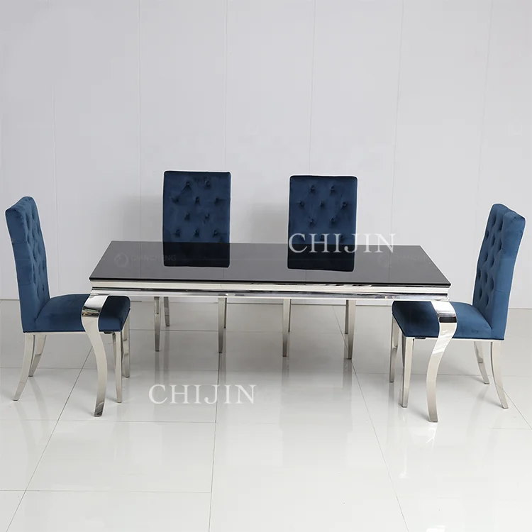 Modern Light Luxury Kitchen Table Set 6 Chairs Stainless Steel Base Glass Wooden Dining Furniture Restaurant Wedding Living Room