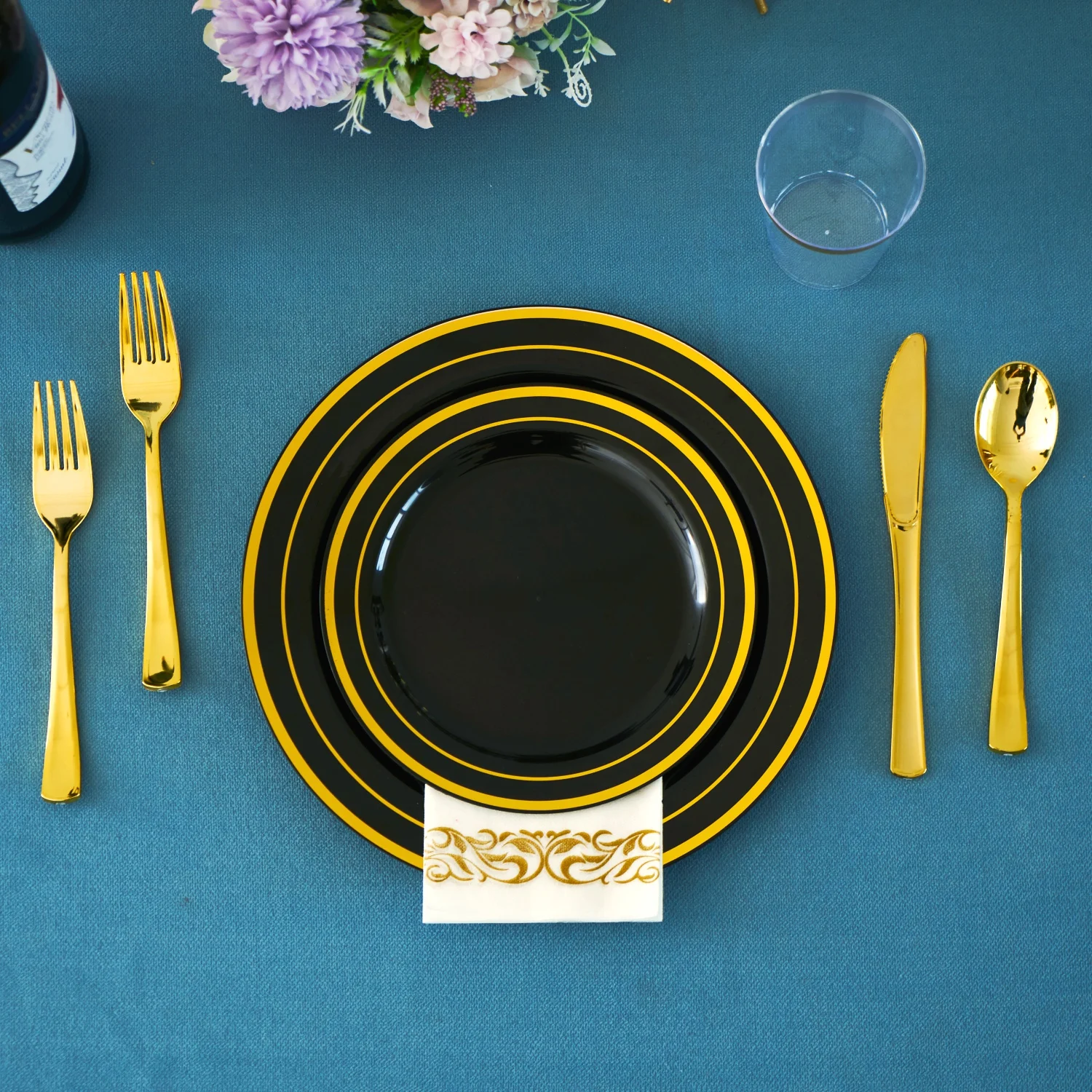  Black and gold party wedding plates plastic disposable cutlery dinnerware