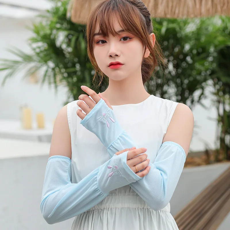 Outdoor Activities Cool ice silk UV Sun Protection rabbit Embroidery Hand Cover Support Women Arm Sleeves Running