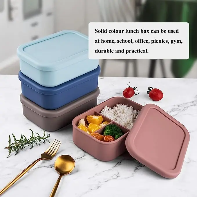 Custom Logo Portable 800ml 3 Compartment Silicone Bento Lunch Box Containers Bpa Free Silicone Lunch Box For Kids
