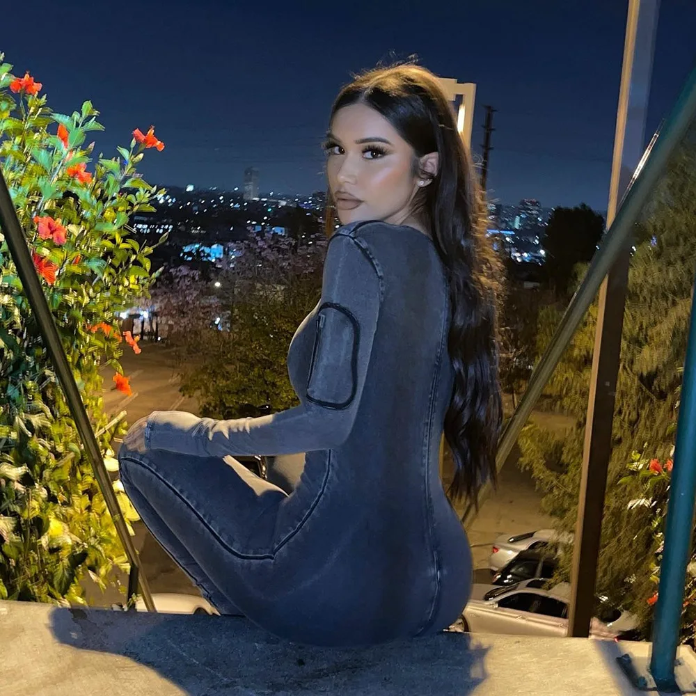 Designer Ladies Jeans Jumpsuit Gray One Sleeve Pockets Zipper Denim Rompers Flare Pants Jumpsuits