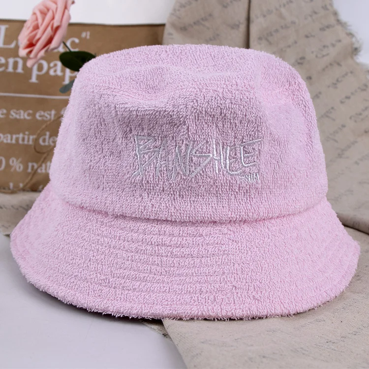 Qianzun bulk order adult pink custom embroidery logo terry towel cloth bucket hat