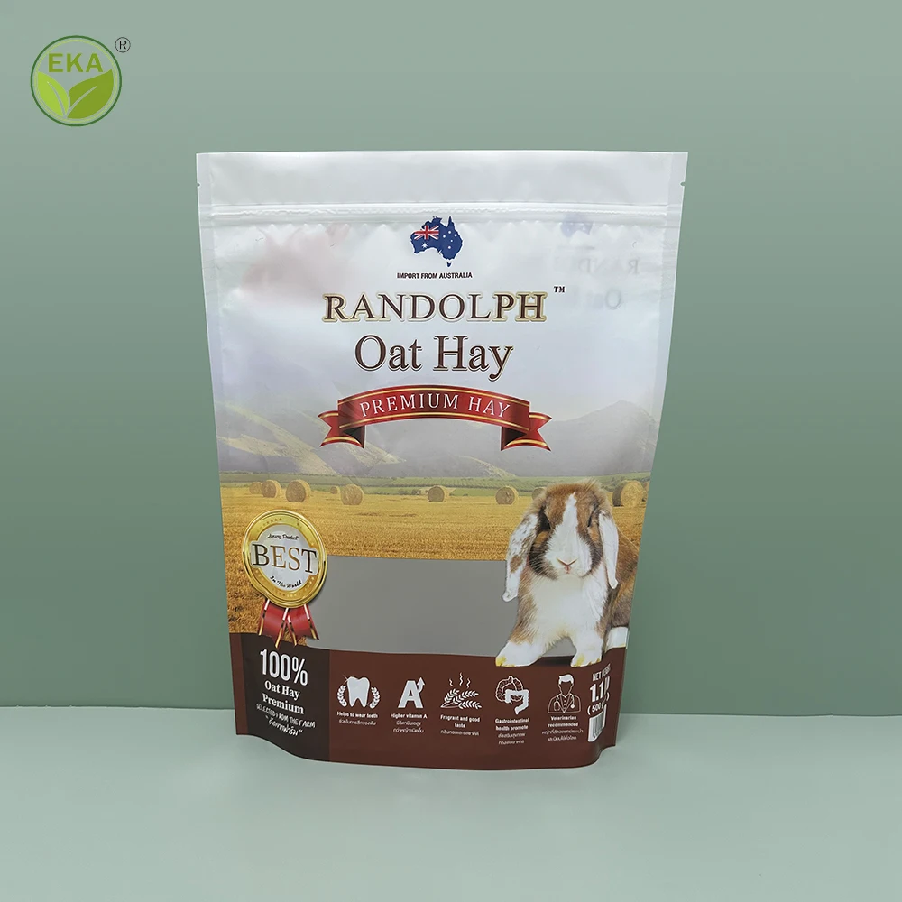 Minlee Keep Fresh Plastic Sealable Retail Custom Logo White Clear Pet Hay Food Packaging Stand Up Ziplock Plastic Bag