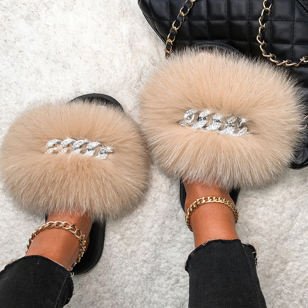 Fox Sandals Furry Fur Slippers Fluffy Flip Flops Diamond Chain Real Fur Slides For Women Ladies House Slippers Beach Flat Shoes