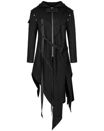 Vintage Gothic Steampunk Renaissance Man Jacket Medieval Autumn Hooded Zipper Coat Costume for Men Plus Size Black Strap Tuxedo
