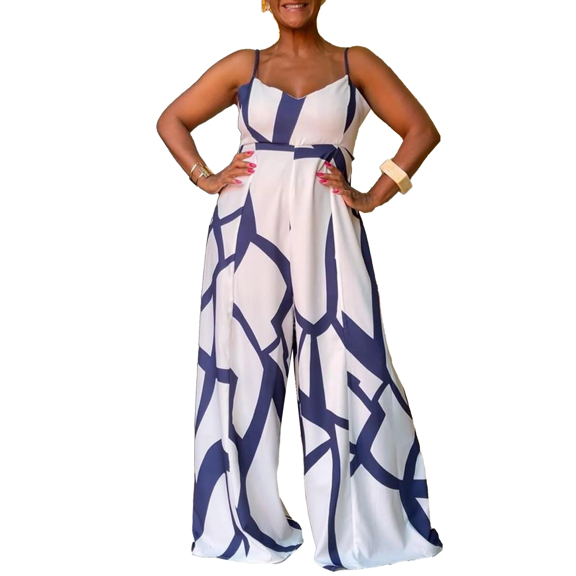 ZIYA A07L91 Printed Large Strap Hollow Waist Wide Leg Women Striped Jumpsuit