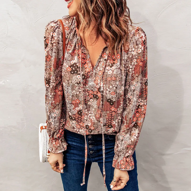 2022 Summer Elegant Ladies Floral Print Drawstring Lantern Sleeve Silk Korean Blouse