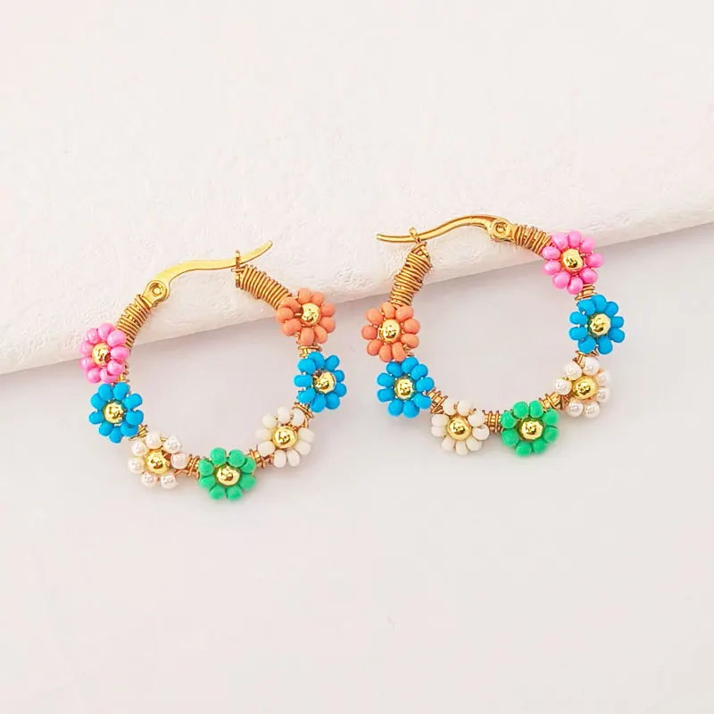 KL 2024 New design bohemian sunflower handmade bead rice beads glass beaded 18K gold plated stainless steel earrings hoop