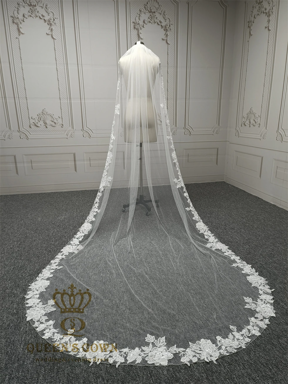 QUEENS GOWN New elegant embroidery lace trim wedding veil 3m long singler layer fancy sequin lace bridal veil with comb