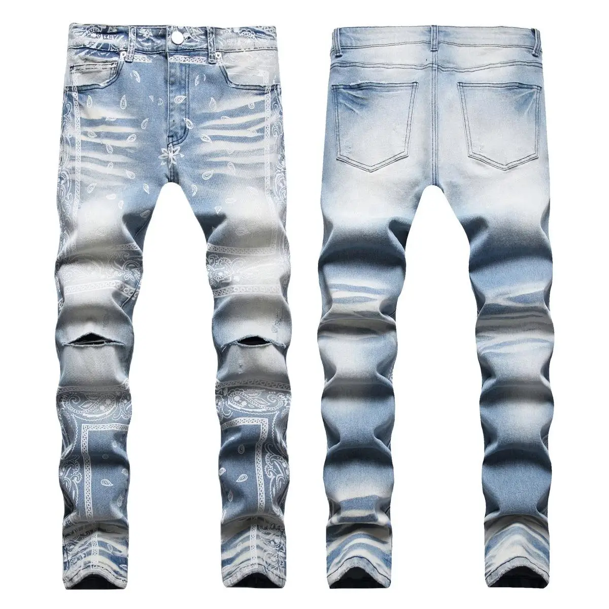 AeeDenim OEM ODM Logo AM light blue elastic slim small straight knee hole cashew flower digital printing denim jeans
