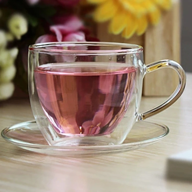 Wholesale 150ml Heat resistant double wall coffee milk flower glass tea cup with saucer