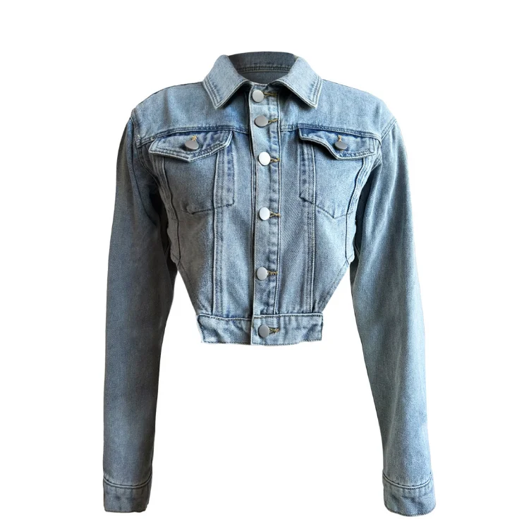 2024 Fashion Woman Denim Top Apparel Denim Jacket Long Sleeves Cross Cropped Jean Jacket for Women