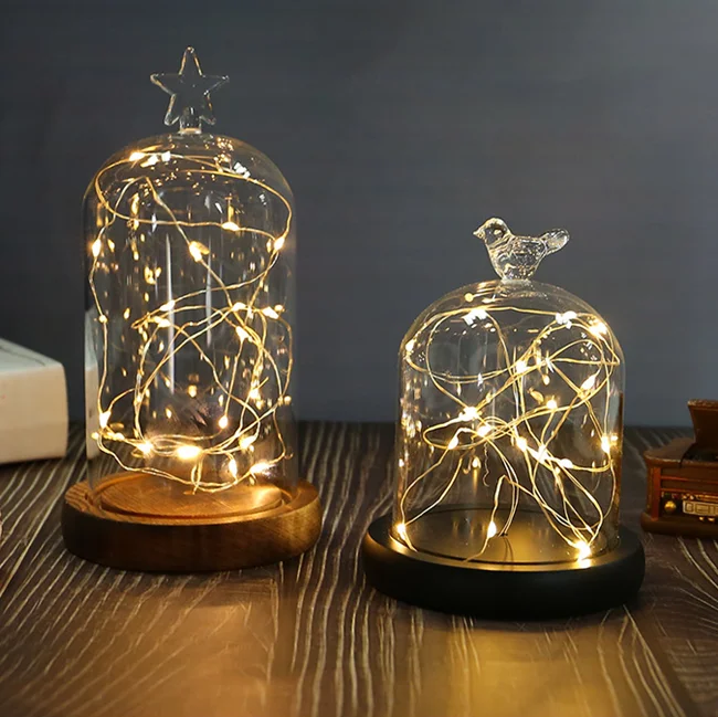 Wedding decor valentine gifts Custom Large Small Bell Glass Cloche with lights glass bell dome jar with LED light wooden base