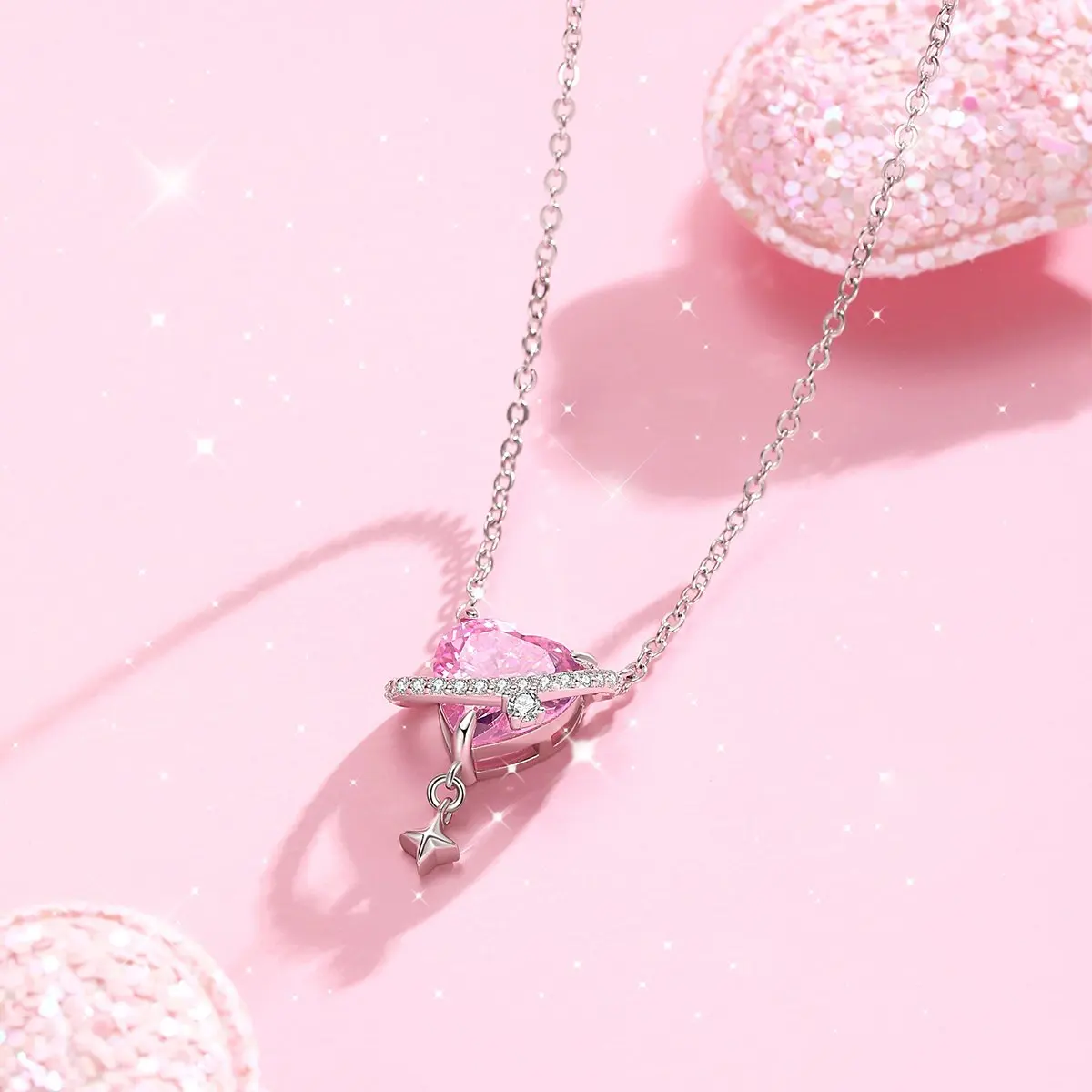 VANA New Design Heart Pink Zircon 925 Sterling Silver Rhodium Plated Girl Pendants Chain Necklace Fashion Jewelry Accessories