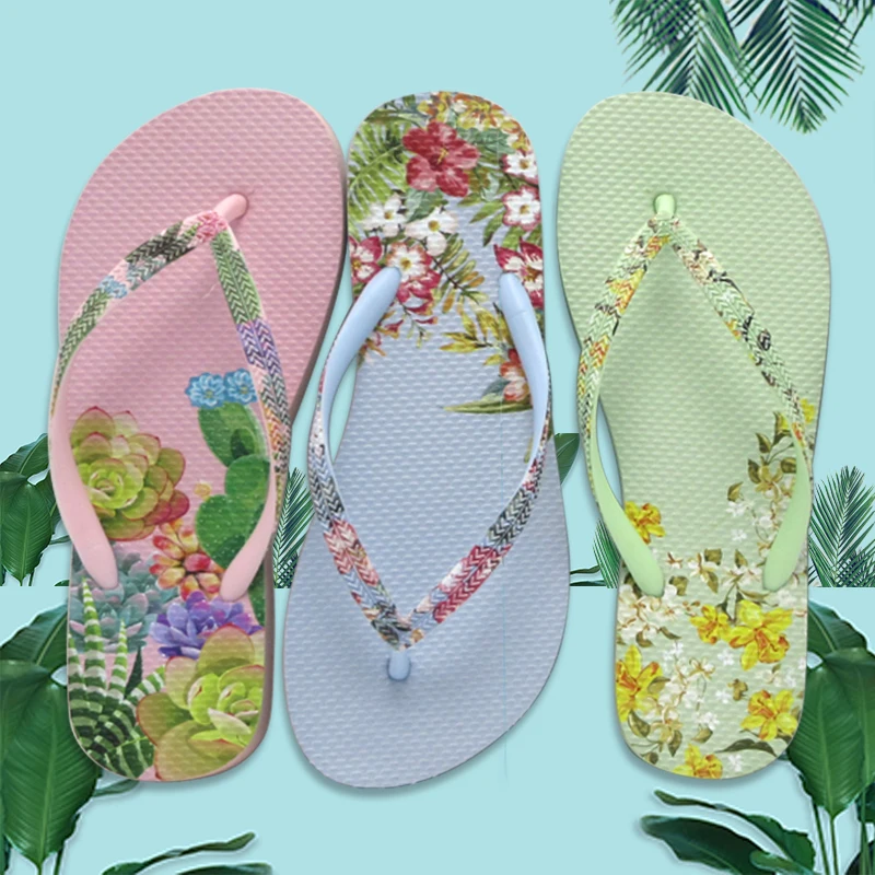 GRS Summer flip flops with flower printing strap high quality rubber content rubber 15mm thickness outsole Beach casual flip flop