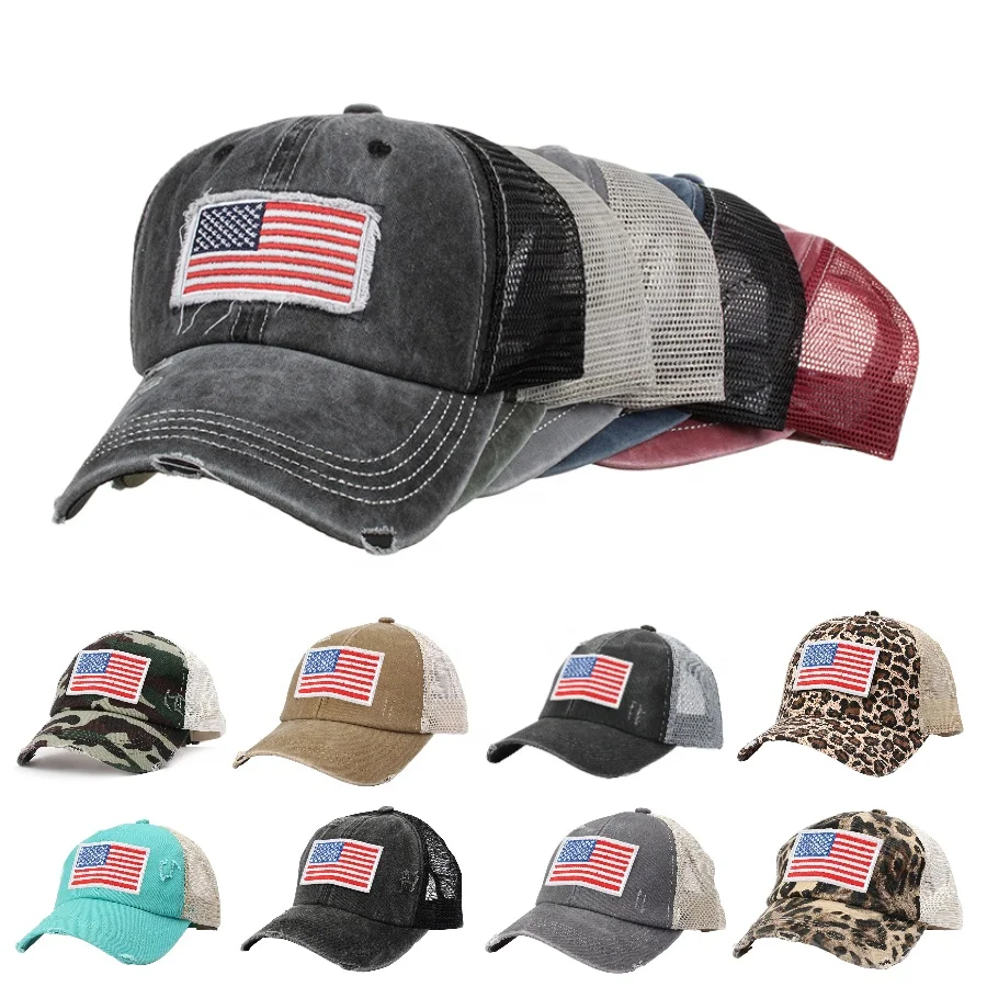 O92 Embroidery Washed Net Caps USA Independence Day Hat Women Camouflage Ponytail Hats Adjustable USA Flag Baseball Cap