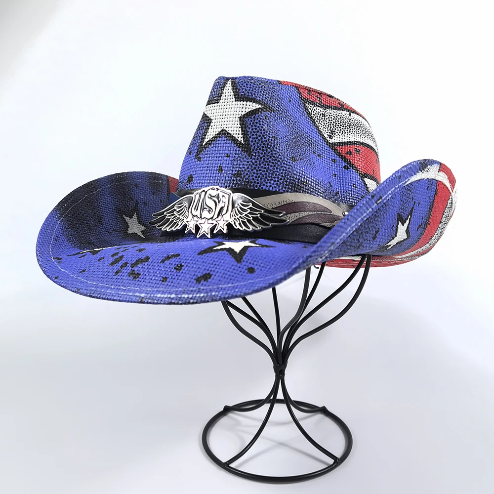 Stock Men Straw Hat American Western Texas Cowboy Hat Shapable Brim Sombreros Guitar Painting Women Straw Cowgirl hat