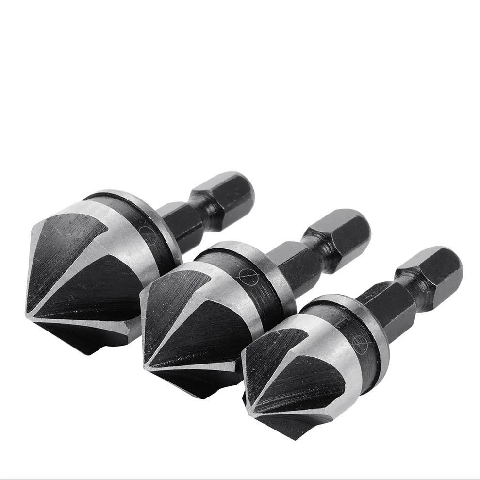 3Pc Carbon Steel 90 Degree Hex Handle Five Edge Chamferer 12/16/19mm Black Oxide Countersink Drill Bit Woodworking Hole Opener