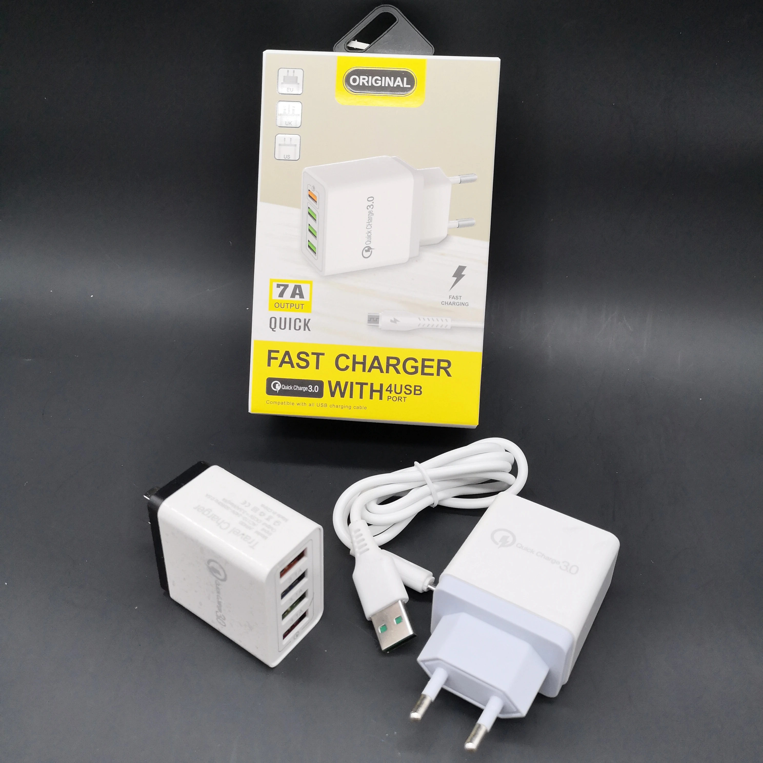 4 USB QC3.0 быстрое зарядное устройство, оптовая продажа с завода, низкая цена, универсальное зарядное устройство с кабелем для передачи данных