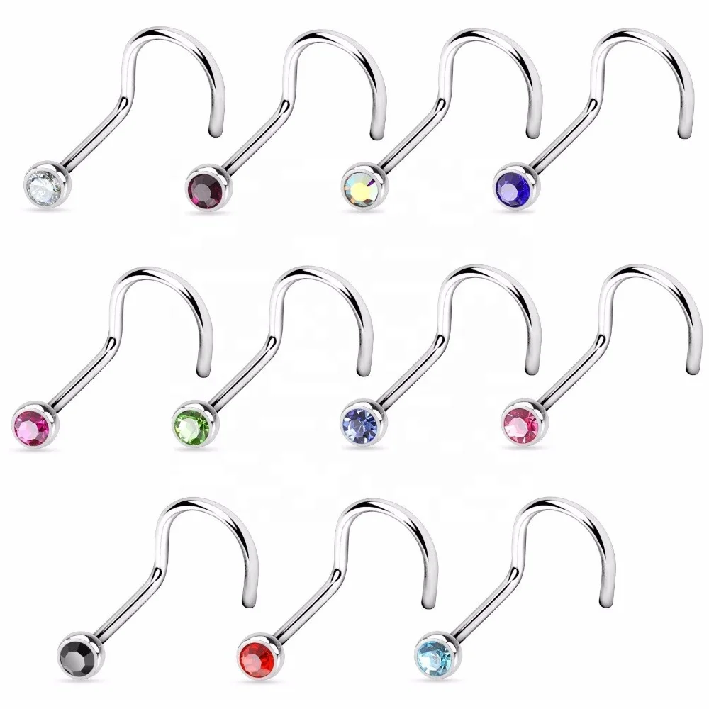 Fashion Crystal Bezel Setting Piercing Jewelry Head Surgical Steel Nose Screw Piercing For Woman