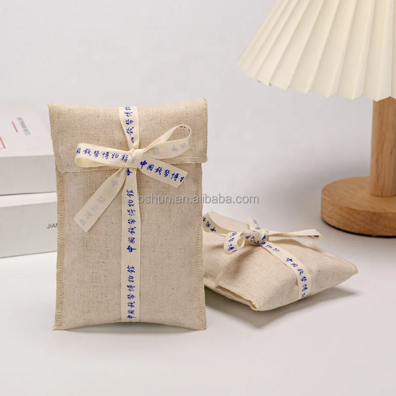 Eco Friendly Custom Logo Printed Soft Recycle Reusable Natural Cotton Linen Gift Envelope Flap Bag