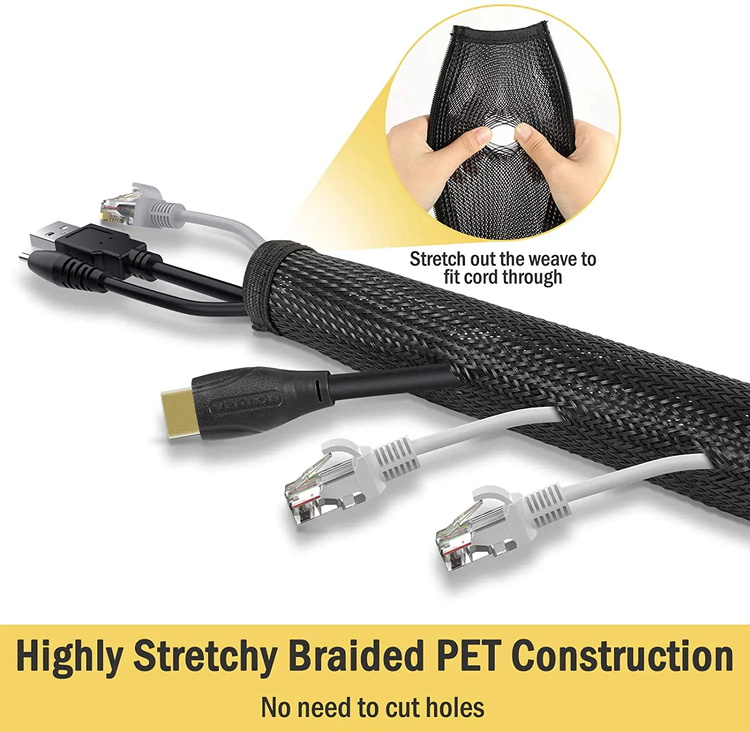 Black Expendable PET Zip-up Braided Closely Wire Cable Sleeving with ABS Gasket