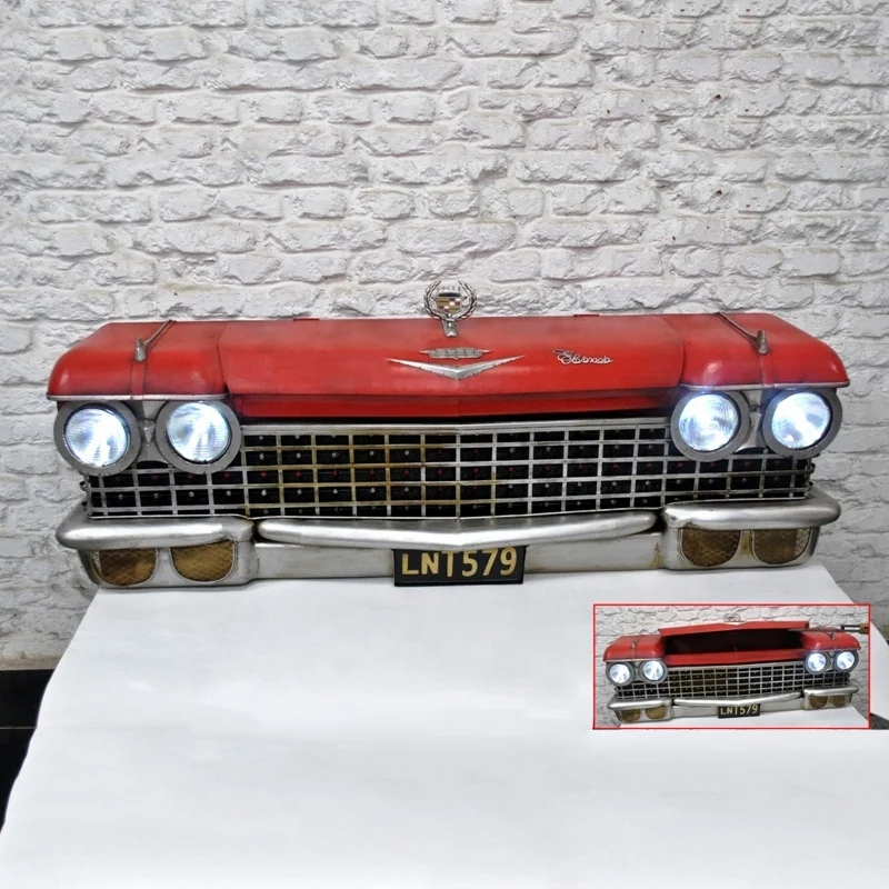 1.4M Vintage Iron Wall decoration Red Car Front 3D Metal Storage Box Decoration With Lights Locker Home Bar Cafe Shop Decoration
