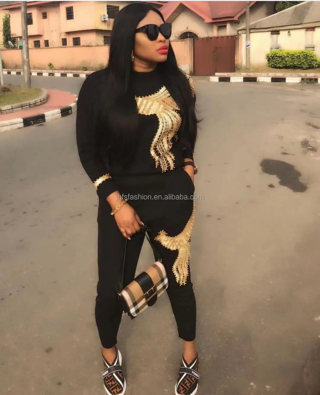 J&H new design 2022 cotton knit outfits with sequins pattern women sweat suit fashionable africa clothing