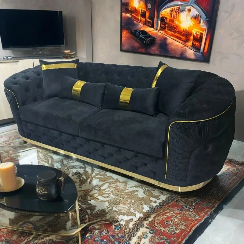 Premium Velvet Fabric Couch 3 Seater Black Sofa With Golden Stainless Steel Base Decoration