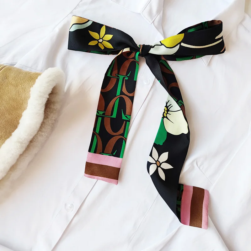 Summer Women Short Stain Ribbon Handbag Narrow Scarf Ladies Twill Silk Scarf