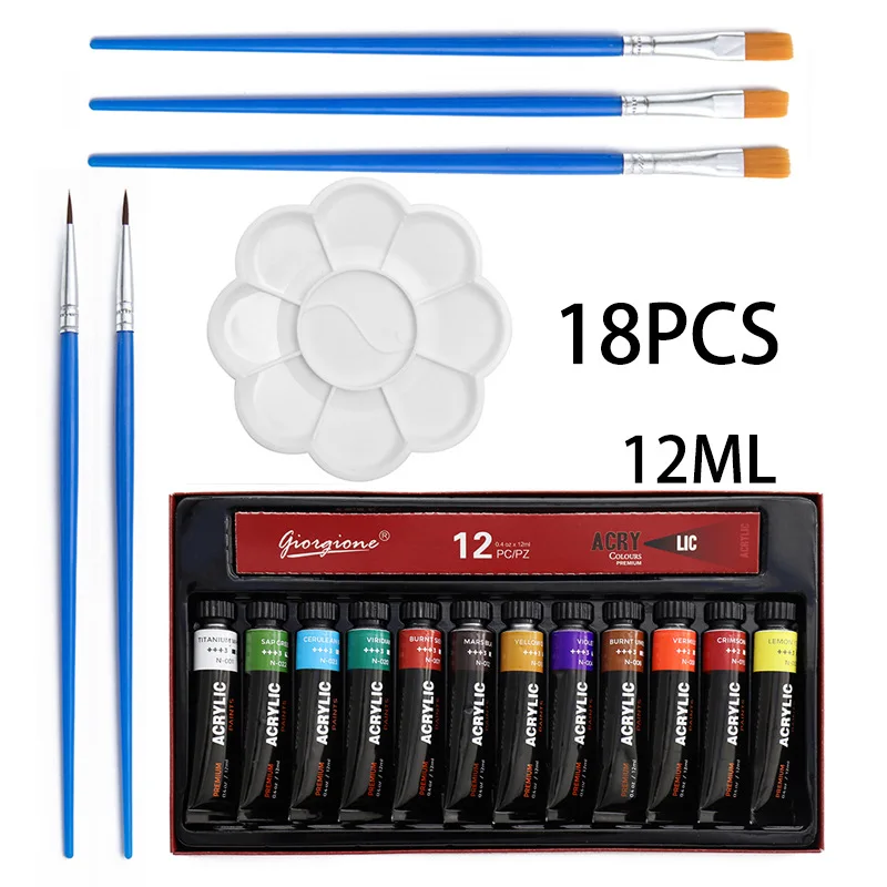 Acrylic Paint 18 Piece Set 12ml 12 Color Spike Flat Peak Brush Palette DIY Painting Tools