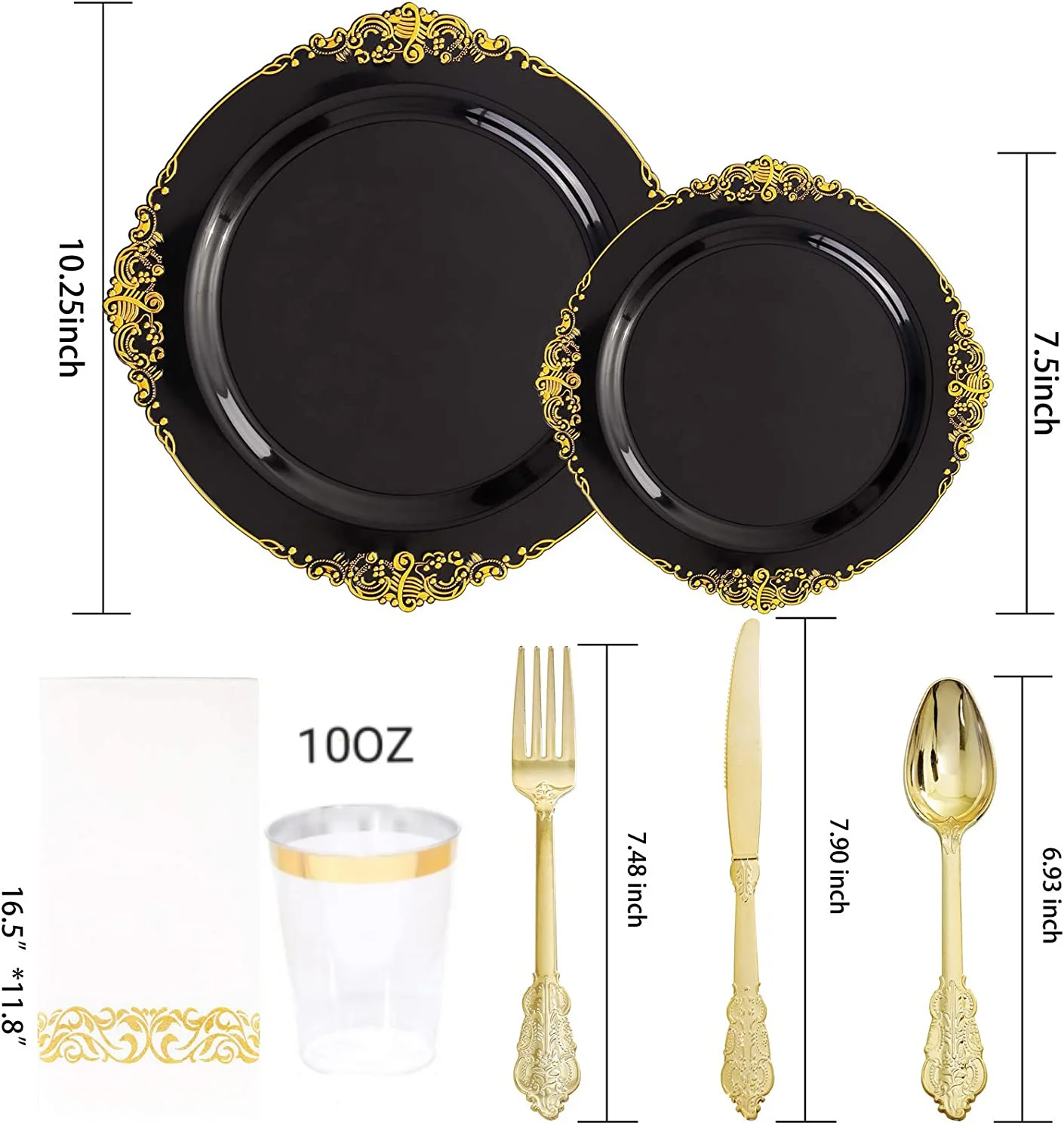 New Arrival 175PCS Plastic Clear Gold Rim Charger Plates with Spoon Knife Fork and Napkin and 10oz Cups for Wedding Party
