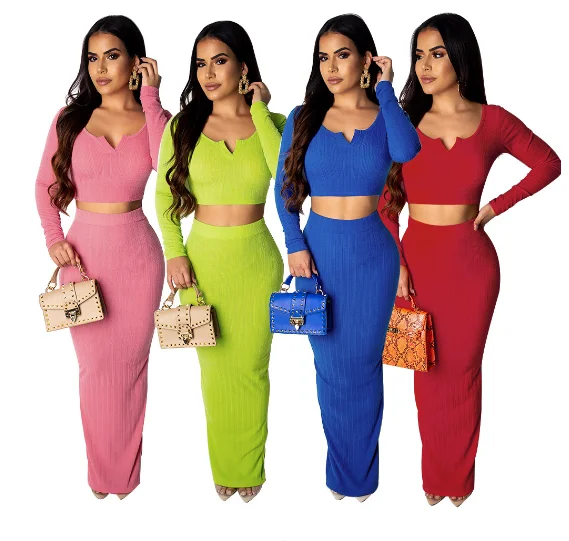 
LLDRESS 2019 Autumn New Style Solid Color Knit Bodycon Long Sleeve Maxi Dress Two Piece Set Women Clothing Wholesalers 