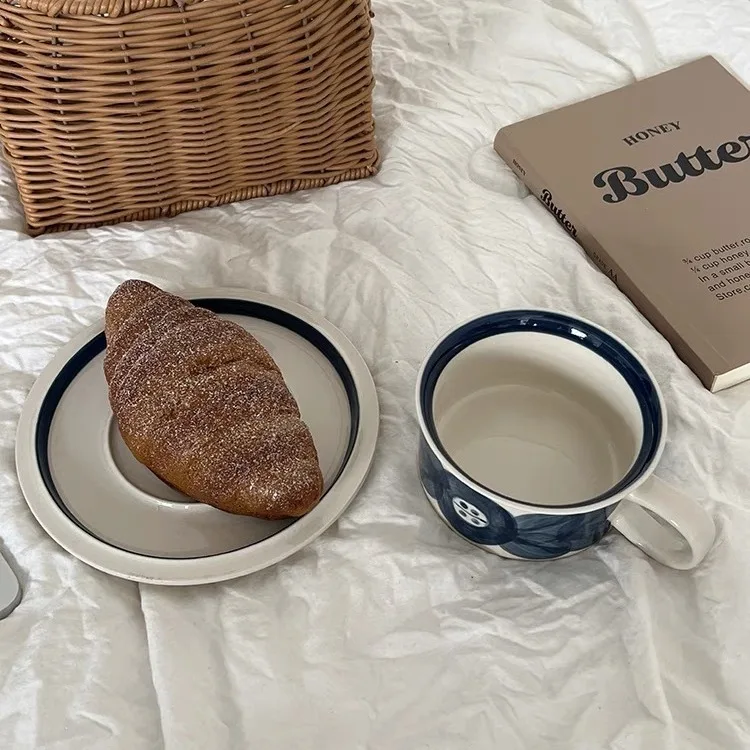 Longstar New Style Coffee Cup Hand-painted Blue Anemone Flower Ceramic Mug Saucer Set